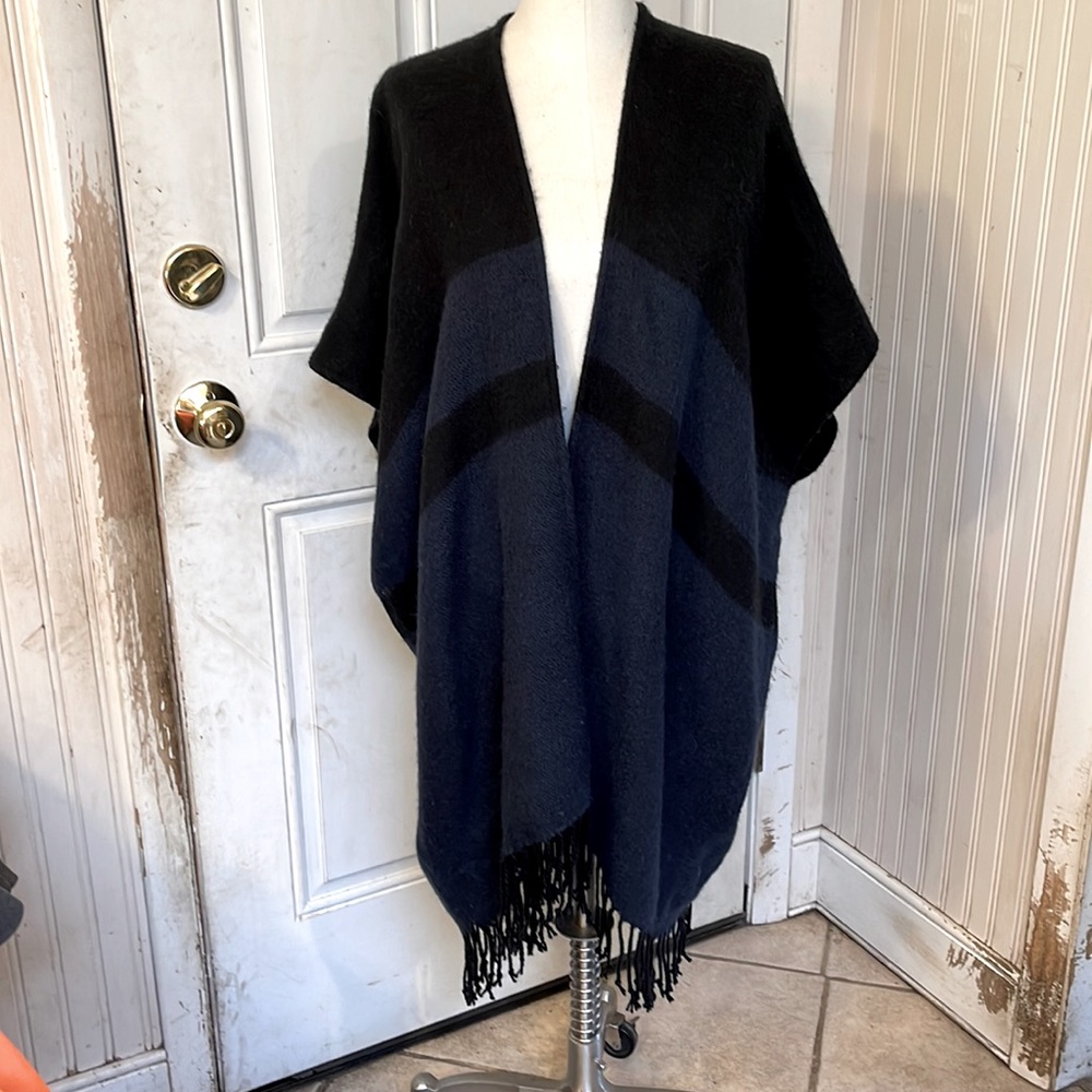 LOFT poncho, black  and a different lighter blue stripes in it. One size